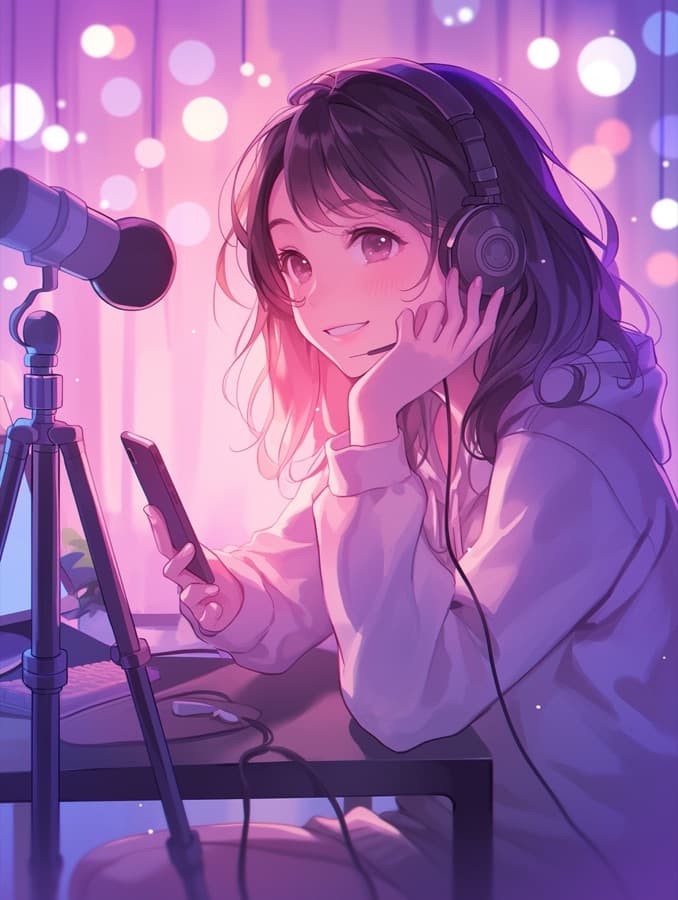 ヘッドホンをつけてマイクの前で配信する女性のイラスト